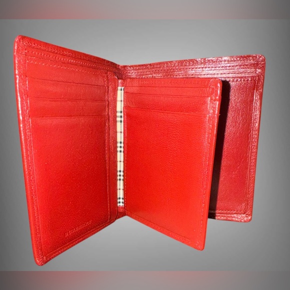 Burberry Red Leather Mens Woman’s Bifold Wallet Burberry Plaid Pattern - Picture 3 of 10